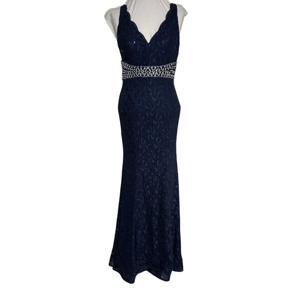 My Michelle Size 5 Sleeveless Navy Lace Sequin Gown Rhinestone Sheer Back NEW - Picture 1 of 12
